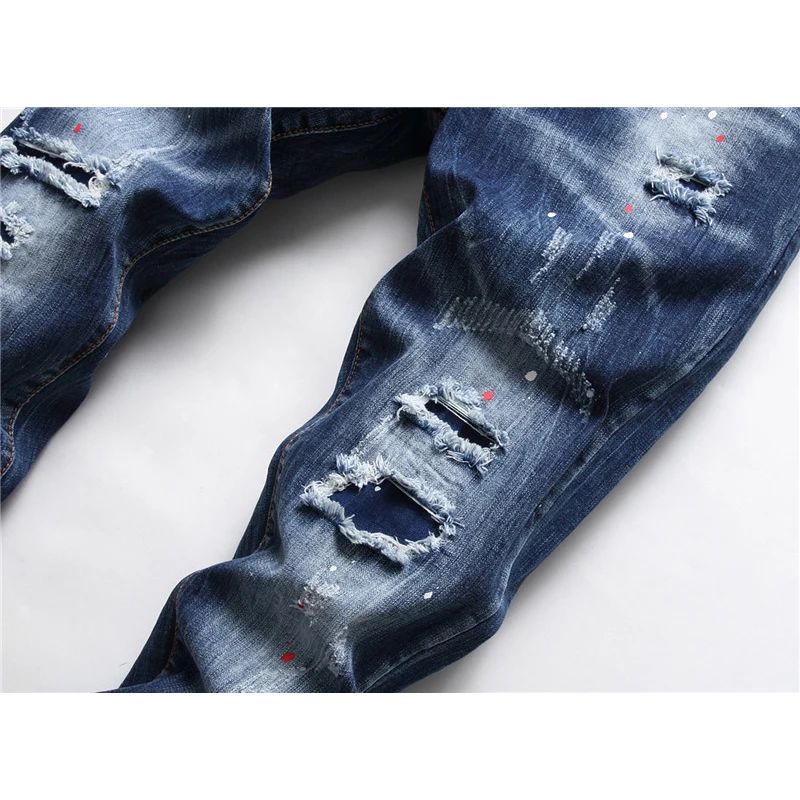 Chareiharper-Jeans masculino com fio multi-buracos, processo pesado, pintura branca pintada à mão, jeans índigo high-end, DSQ 1090