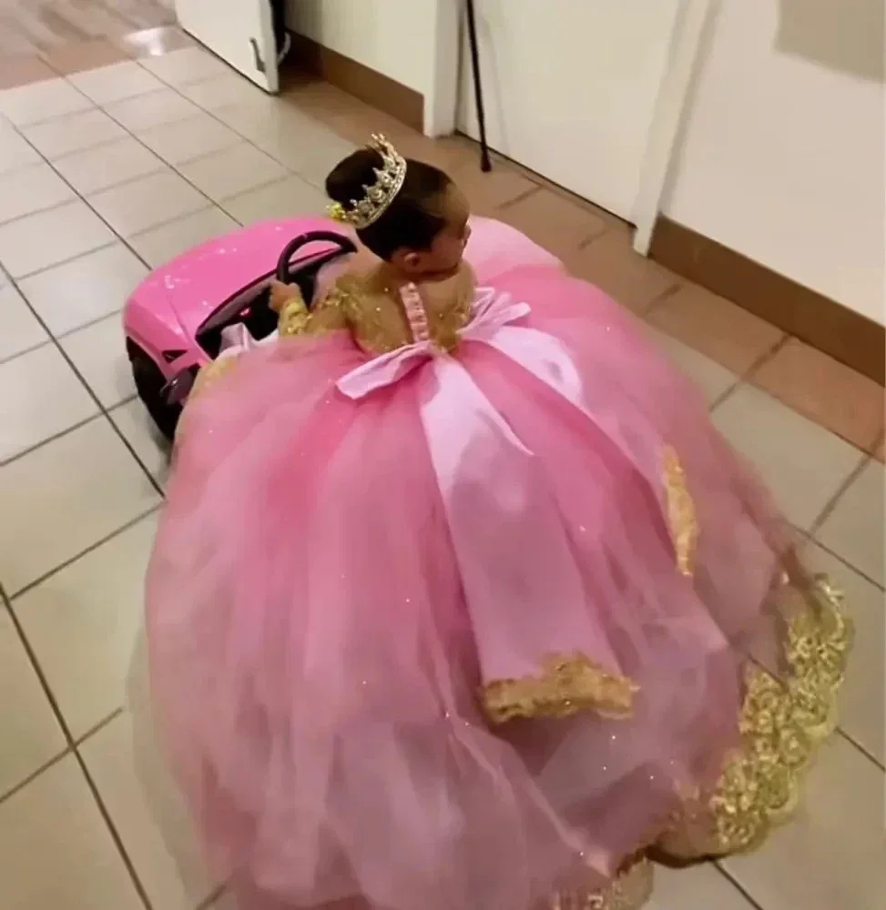 Vestidos de niña de flores con apliques, fajas, cuello redondo, mangas completas, vestido de desfile de princesa, vestido largo de fiesta para niños, primera comunión