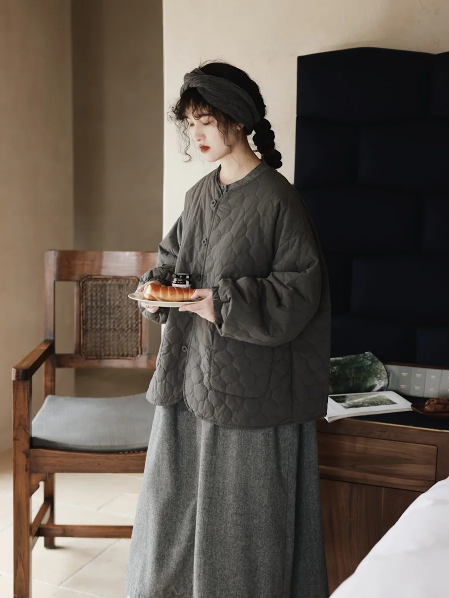 

Japanese Sle Women's Artistic Retro Gourd Pattern Puffy Cotton Jaet Loose Autumn Winter Sweet Color Cotton Outerwear