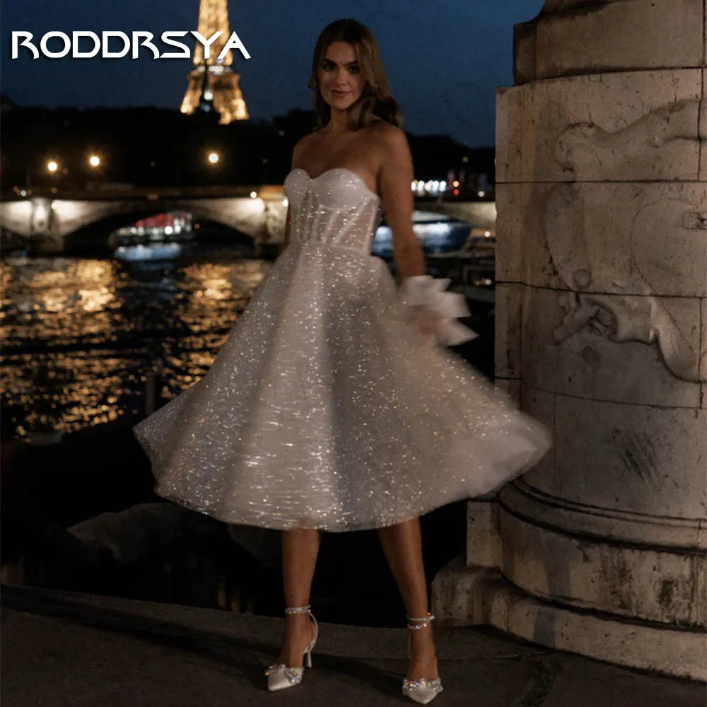 RODDRSYA krótka błyszcząca suknia ślubna do kolan vestidos de novia bez ramiączek z brokatem tiul suknia młoda bez rękawów kobiety bez rękawów Krótka błyszcząca suknia ślubna do kolan  Suknie ślubne bez ramiączek z bro