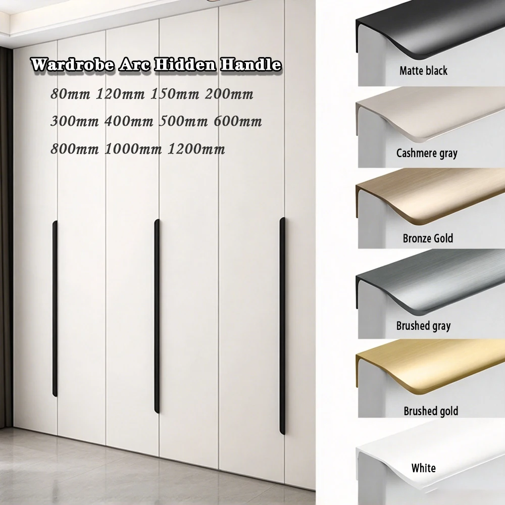 80mm-1200mm Invisible Luxury Cabinet Door Handle Non Perforated Wardrobe Edge Wrapped Long Black Handle Cabinet Concealed Handle