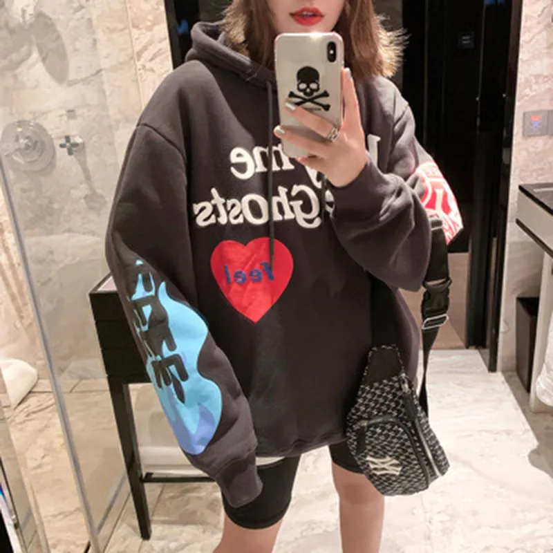 Sudadera con capucha Vintage Harajuku para mujer, sudadera con estampado de letras y Graffiti, manga larga, informal, Tops de Hip Hop para pareja de otoño