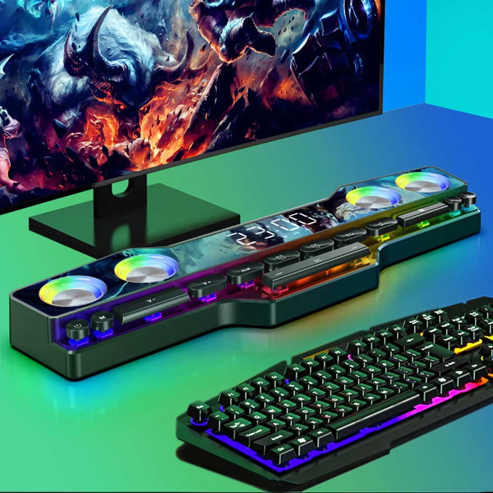 Colorful RGB Light Speaker Wireless Soundbar With Temperature Alarm Clock AUX FM BT Gaming Mechanical Keyboard