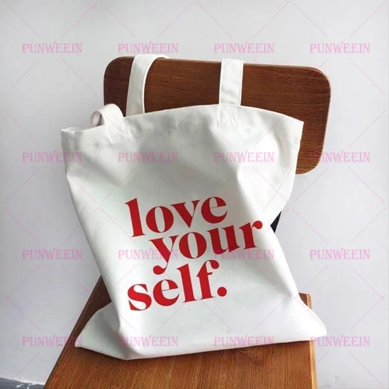 Love your self letter Print Canvas Bag Women Streetwear Casual Harajuku Handbag Y2K Shopping Bag Vintage Aesthetic Shoulder Bag