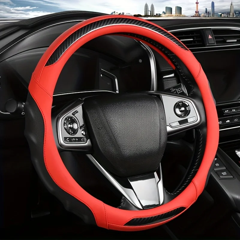 

1Pc PU leather steering wheel cover with rubber inner ring, wear-resistant, anti slip, comfortable grip, upgraded interior