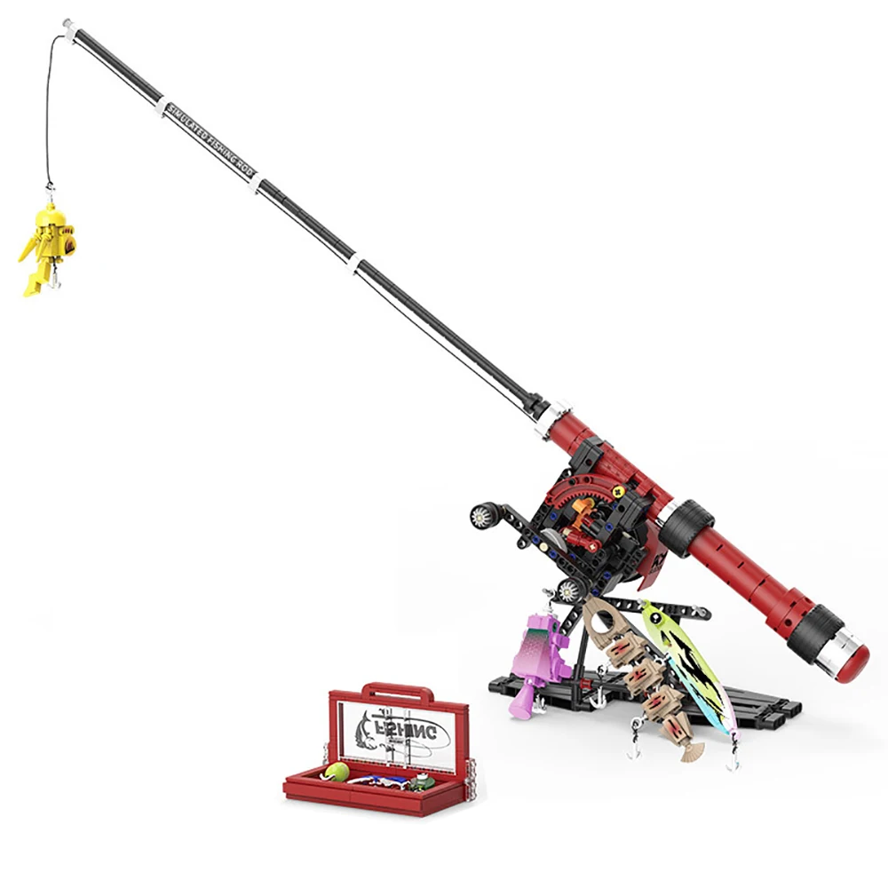 MOC Machinery Fishing Rod Building Blocks Simulation Assembly Model with Multiple Fishing Bait Designs Creative Gift for Adults