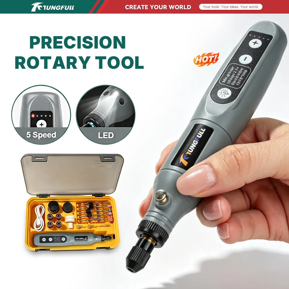 TUNGFULL DIY Craft Kit Mini Rotary Tool Electric Engraving Pen 5 Speed USB Rechargeable LED Light for Beginners Jewelry Making