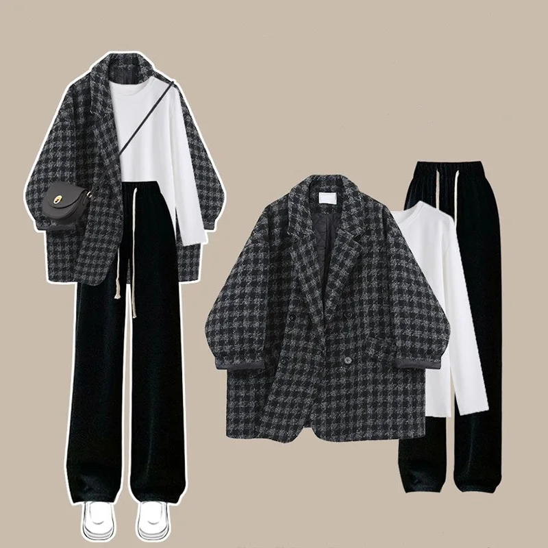 Autumn High Quality Plaid Coat Women\'s 2024 New Fashionable Loose Coat Bottom Top Casual Pants Three Piece Set Clothes for Women