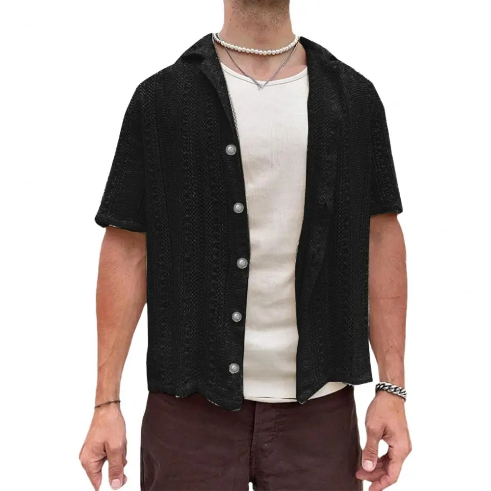 

Men Knitted Cardigan Stylish Men's Hollow Out Cardigan With Turn-down Collar For Wear Knitted Solid Color Short For Summer