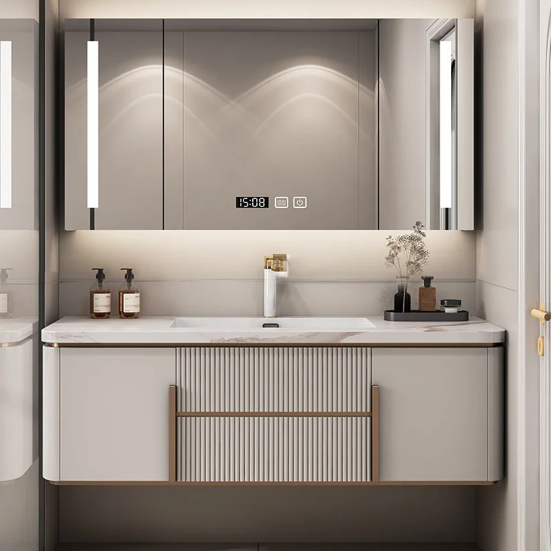 Luxury Modern Plywood Bathroom Vanities with Ceramic Counter and LED Lights Model Number: Bathroom Cabinetpromote sales