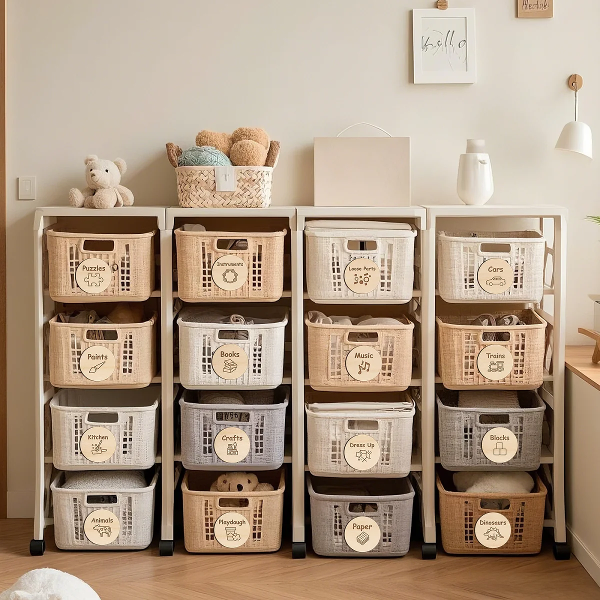 

16pcs Wooden Playroom Storage Labels - 6.5cm Round Toy Organization Tags, Baby Shower Gift, Montessori Toy Sorting