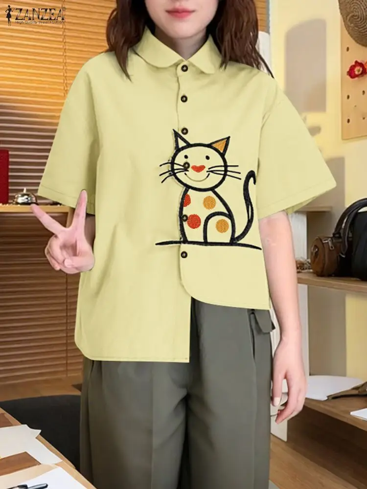 2025 Summer Shirts ZANZEA Women Embroidered Blouse Vintage Short Sleeve Buttons Blusas Irregular Hem Shirt Lapel Neck Tunic Tops
