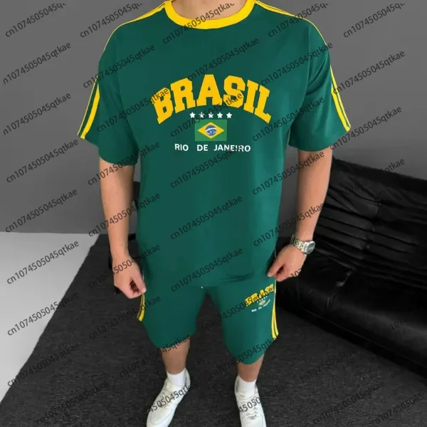 

Brazil Flag Print Unisex Loose Casual Comfortable Tshirt Shorts Set Football Club Sport Suit Oversize Breathable Men 2 Piece Set