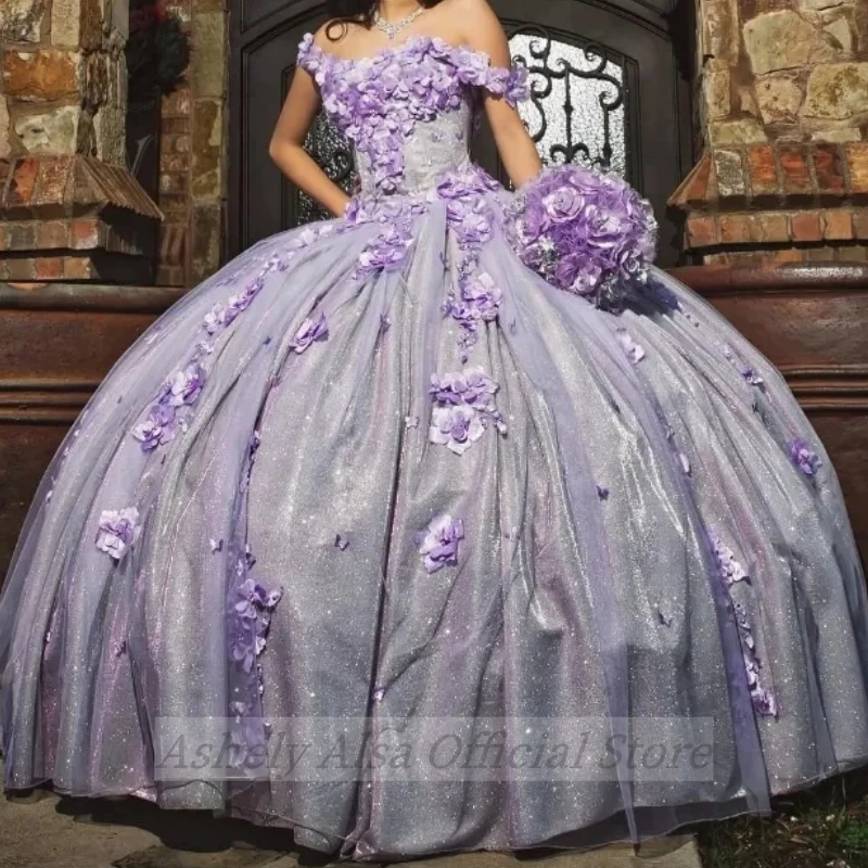 Saudi Arabic Cinderella Lavender Quinceanera Dresses Formal Prom 3D Flowers Graduation Gowns Princess Vestidos De 15 Anos 2024