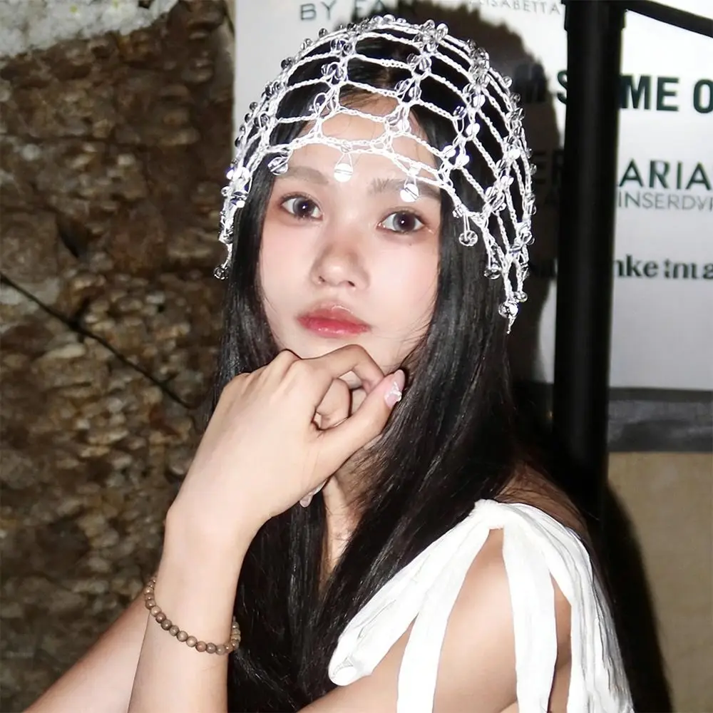 

New Handmade Chain Beaded Hats Face Slimming Punk Y2K Pullover Beanies Hats Tassel Hollow out Cap Women Fashion