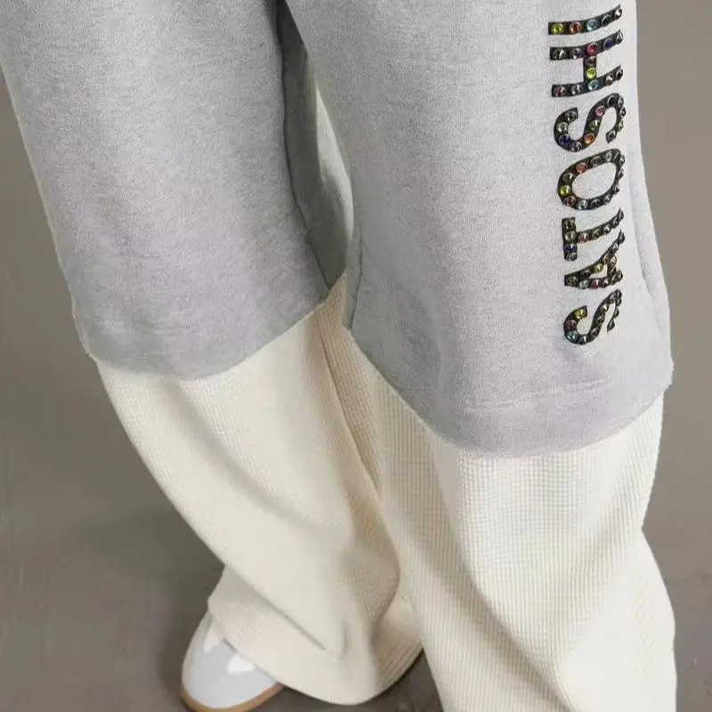 Men Women Satoshi Letter Embroidery Double Layer Sweatpants Grey Waffle Splicing Loose Wide Leg Drawstring Streetwear Trousers