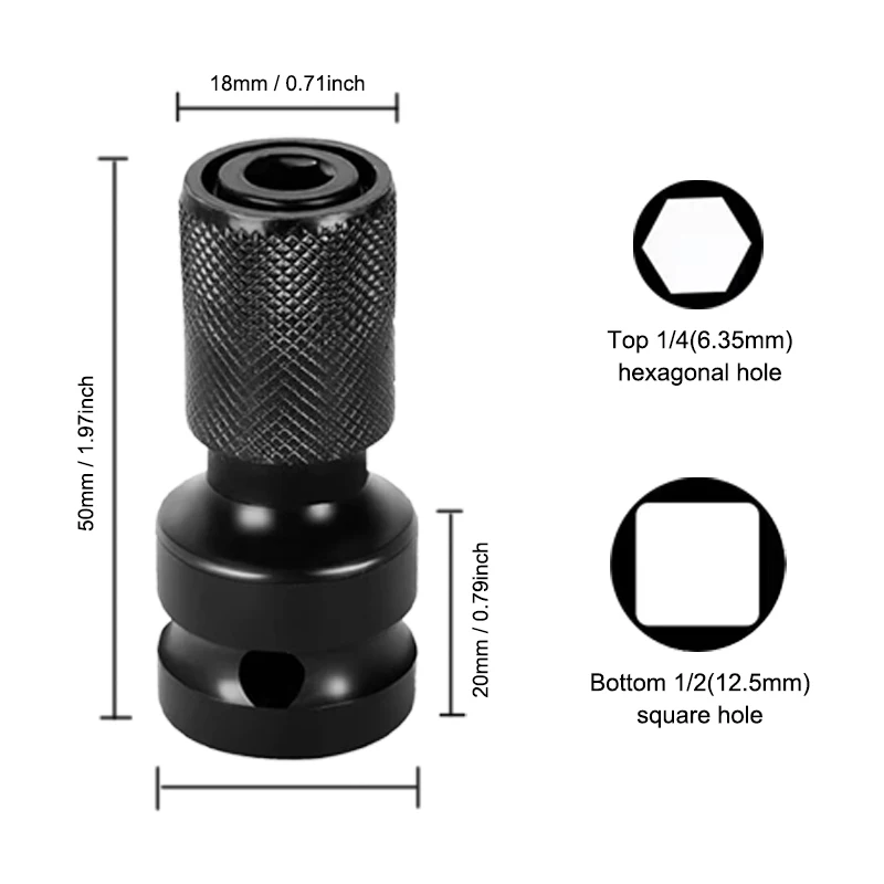 Quick Release 1/2-Inch Square Drive to 1/4-Inch Hex Female Socket Adapter Converter Chuck Adaptor for Impact and Ratchet Wrench