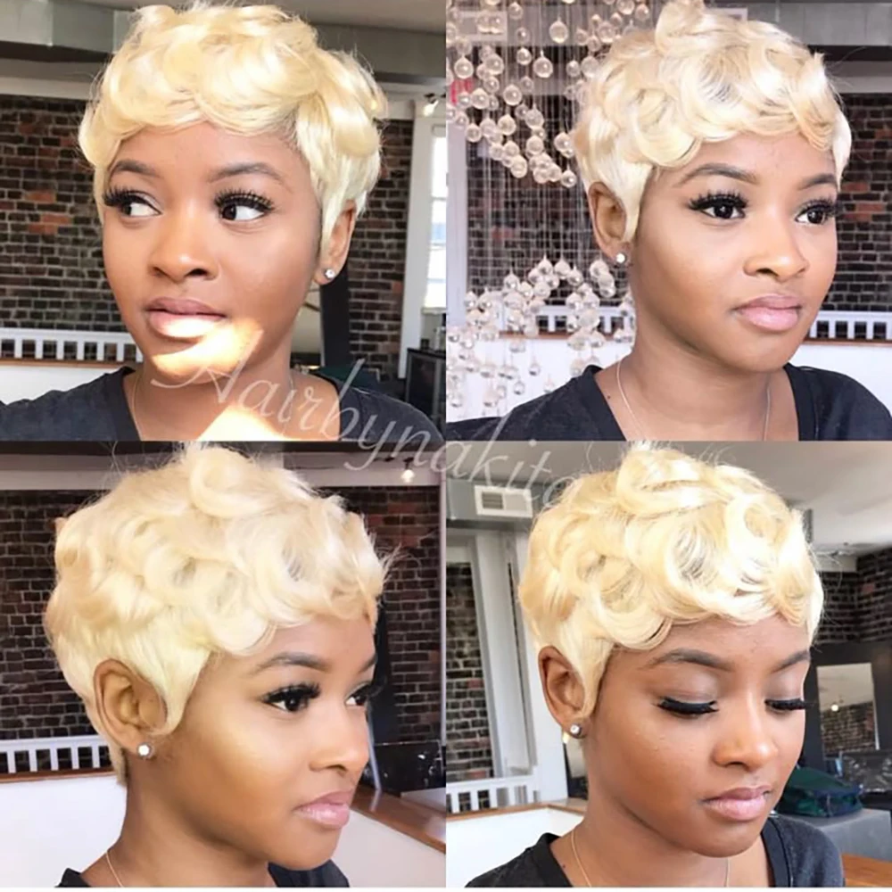 ピクシーカット人毛ウィッグ 黒人女性用 アフロローズカールウィッグ 前髪付き ショート バウンシーカール フルマシンメイドウィッグ