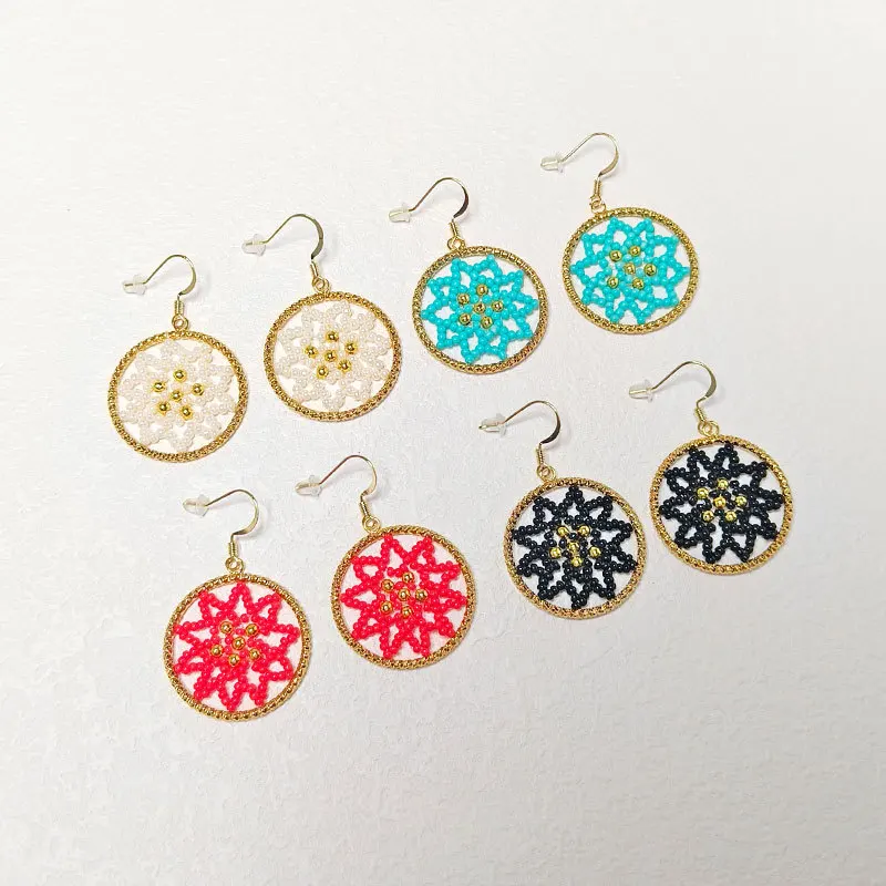 Beaded earrings Circle Hollow out Colour Flowers Design Originality Hand knitting Bohemia Alloy Tide Simple Rice bead earrings