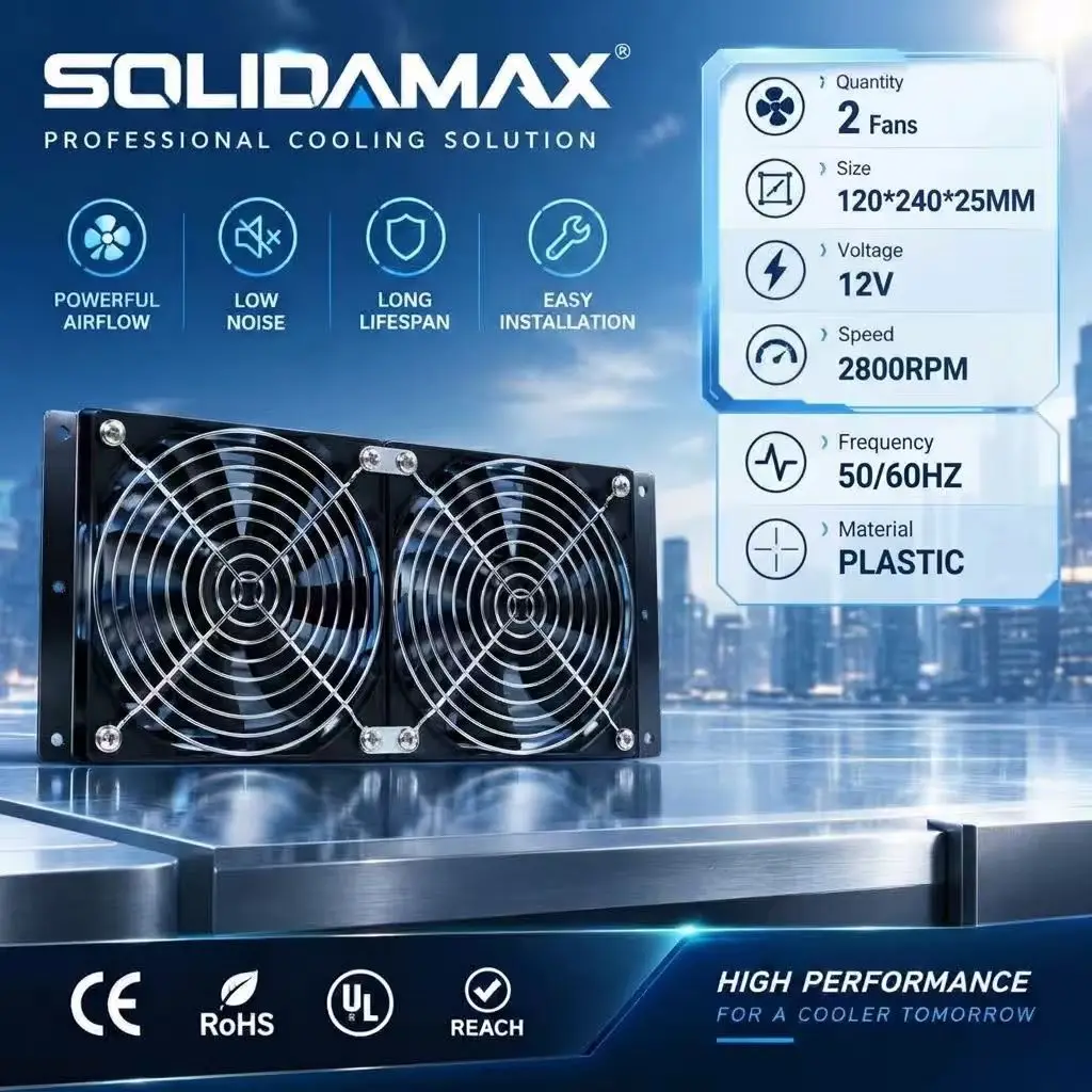 SOLIDAMAX 2 Fans DC 12V 120x240x25mm 2800RPM Server Rack Cabinet Inverter High Airflow Axial Cooling Fan with Metal Guard Grill