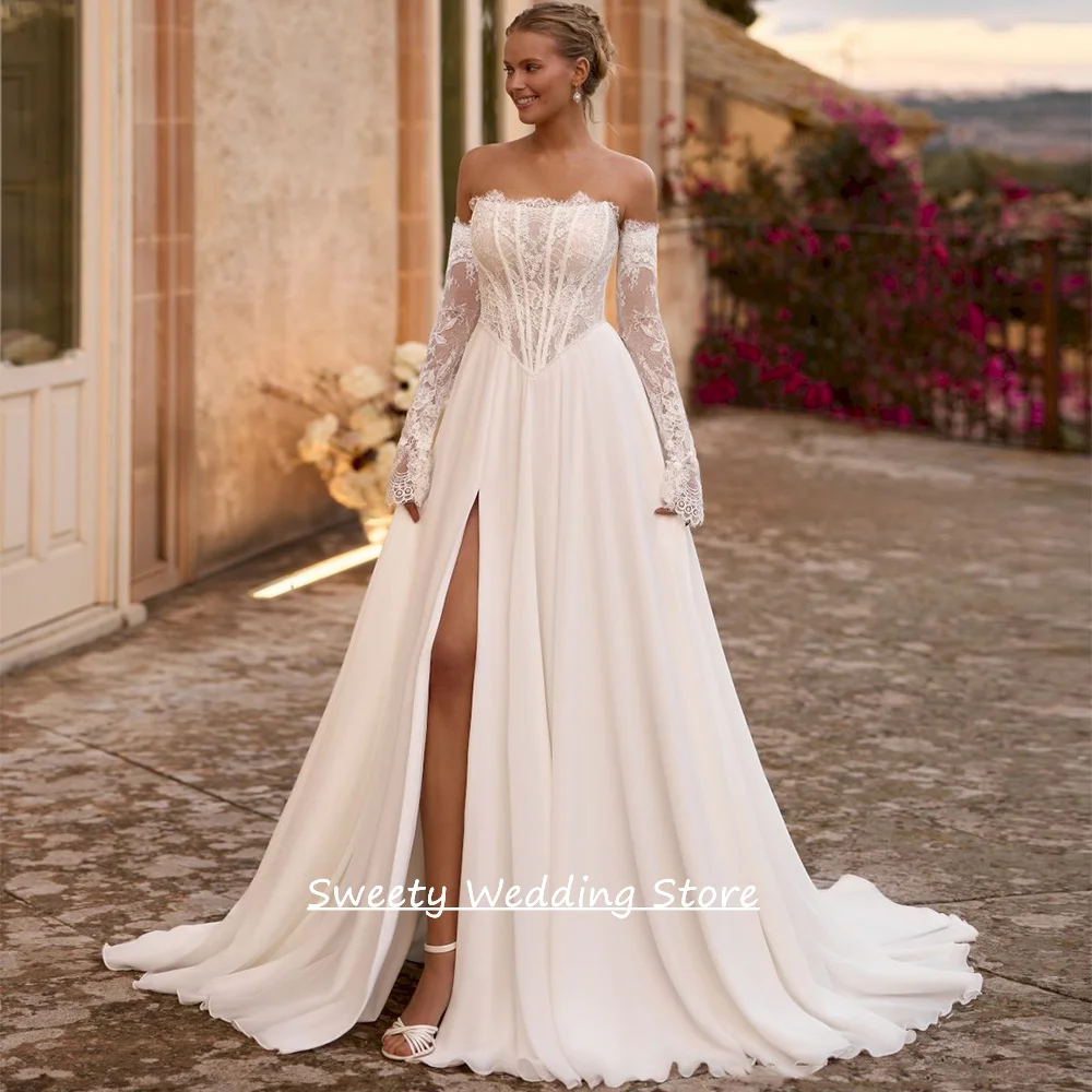 

Wedding Dress Customized Strapless Long Sleeves Lace Applique See Through High Slit Sweep Train A Line Bridal Gown