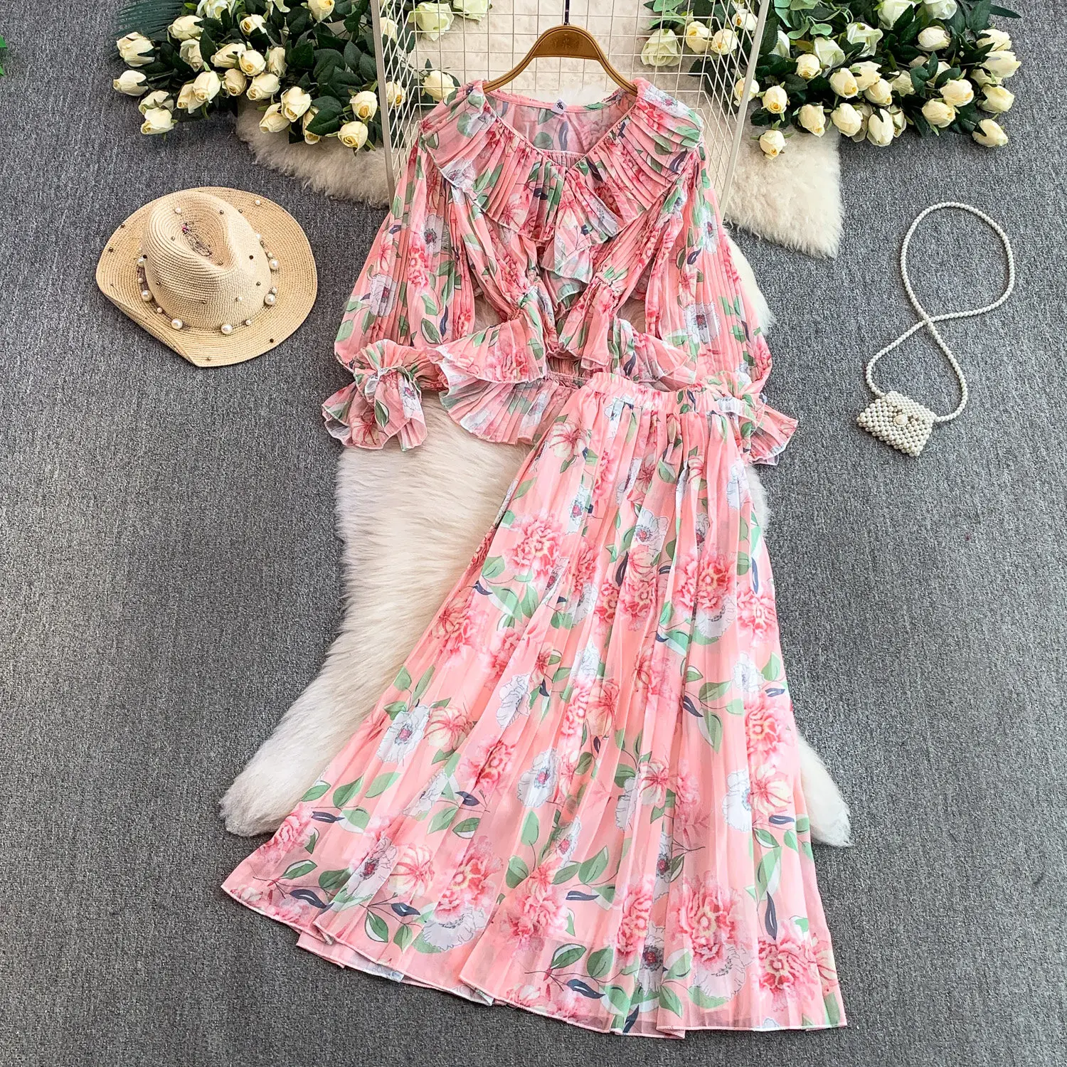 

Elegant Vintage casual long sleeve Ruched print Party Club Korean Fashion Women Clothes Two Piece Set