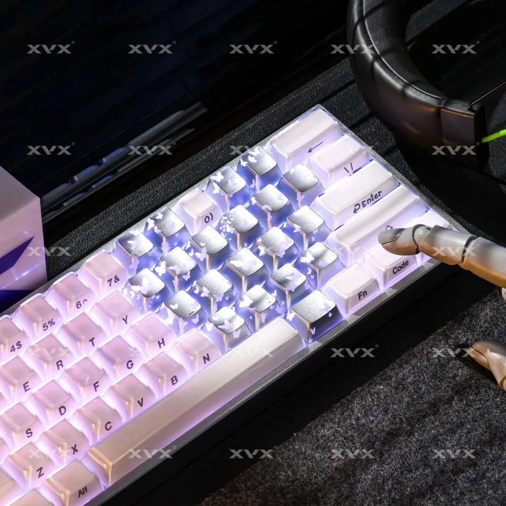 21 Keys Sliver Butterfly Keycaps IMD-Pattern Shine Through Heart-Shaped Keycaps OEM Profile DIY Decorative Keycapseycap