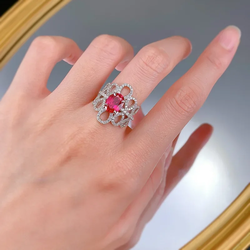 

New S925 Silver Inlaid 7 * 9mm Pigeon Blood Red Pigeon Egg Full Diamond Celebration Red High Carbon Diamond Jewelry