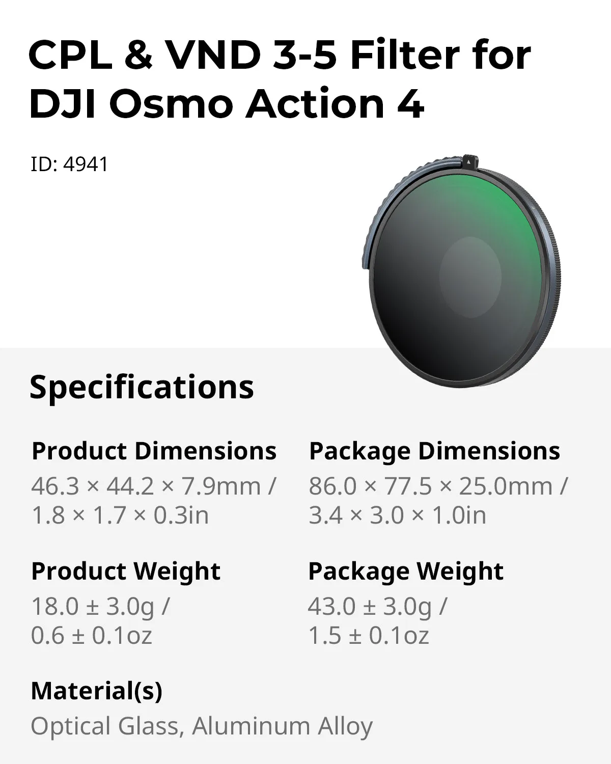 SmallRig CPL & VND 3-5-filter voor DJI Osmo Action 4. Combining ND8 ND16 ND32 CPL-filter in één, multicoated HD optisch glas 4941