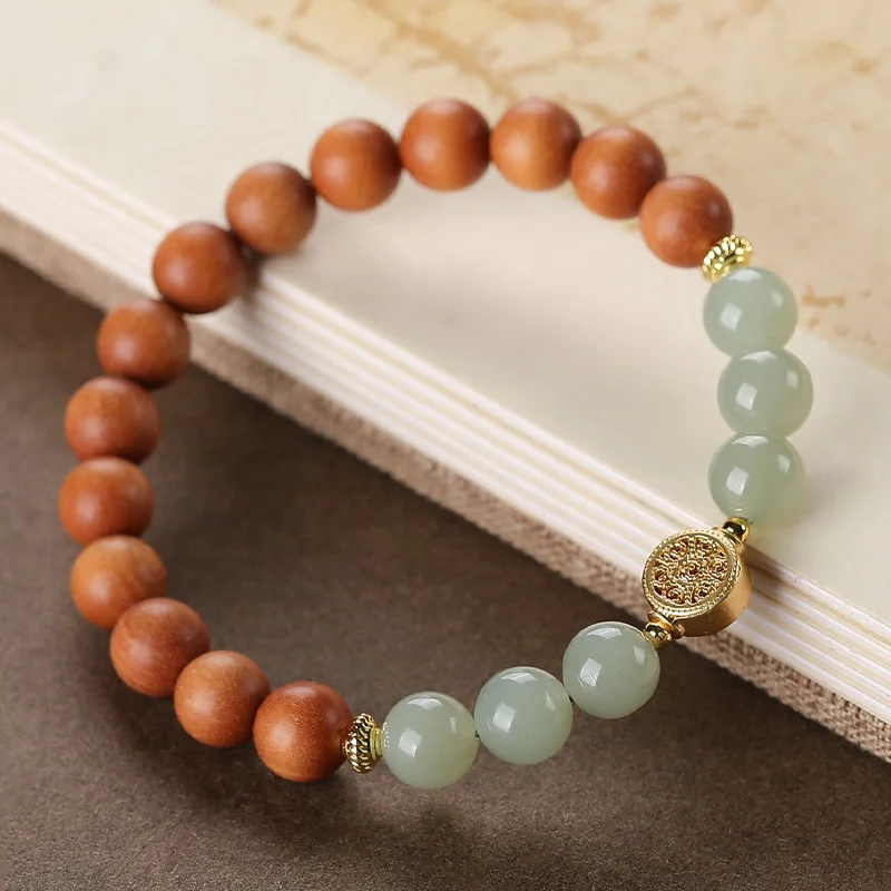 Old Mountain For Women, Natural Sandalwood And Hetian Running Ring, Wind Awakening Lion Single Circle Jade Bracelet HandString