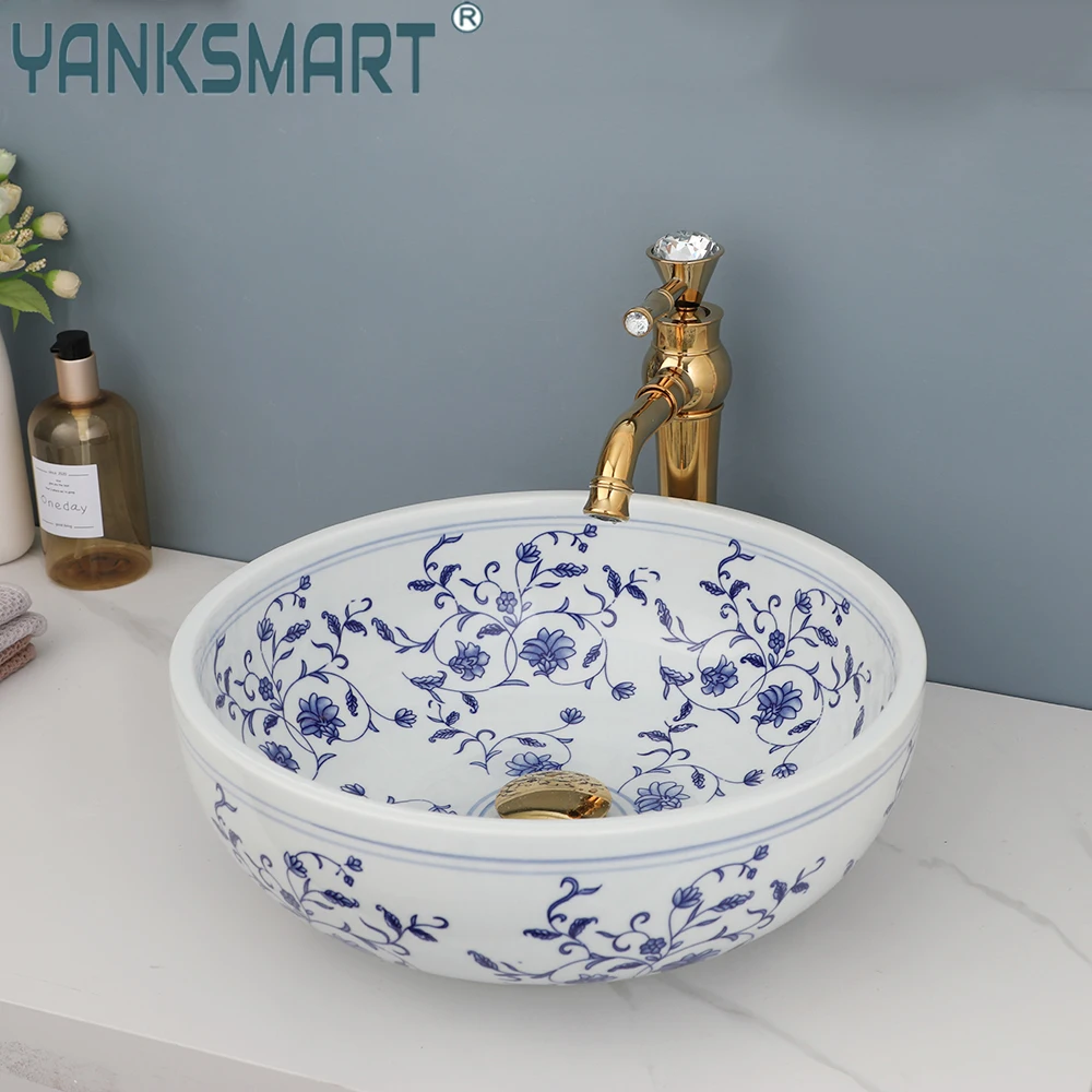 YANKSMART Round Bowl Ceramic Lavatory Bathroom Combined Mixer Washbasin Vessel Sink Faucets With Pop-up Drain Combo Kit