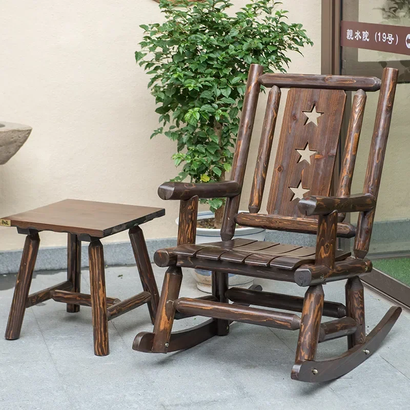 Antique Wood Outdoor Rocking Log Chair Wooden Porch Rustic Single Rocker Leisure Design Armchair for Deck, Balcony or Indoor Use