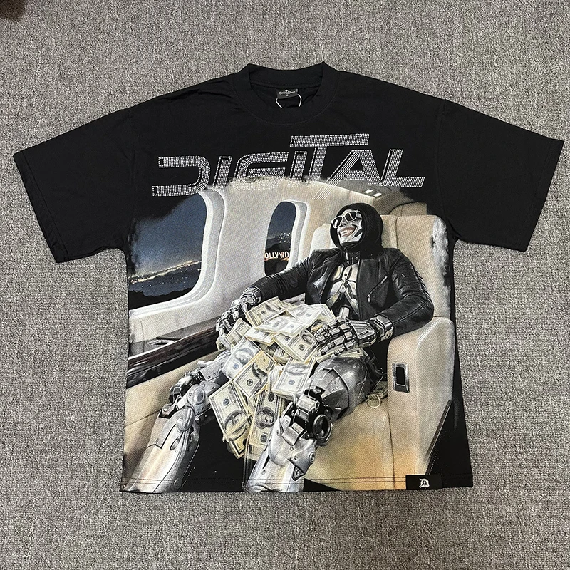 2026 New DIGITAL Men T Shirt Black Short Sleeve Hip Hop Luxury Robot Skull Cash Private Jet Print Loose Streetwear Cotton Top