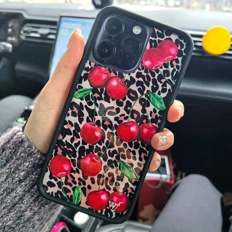 

wf luxury Cute Ins cherry Leopard Wildflower Phone Case For iPhone 12 13 14 15 16 17 Pro Max Plus Wildflower shockproof Cover﻿﻿﻿
