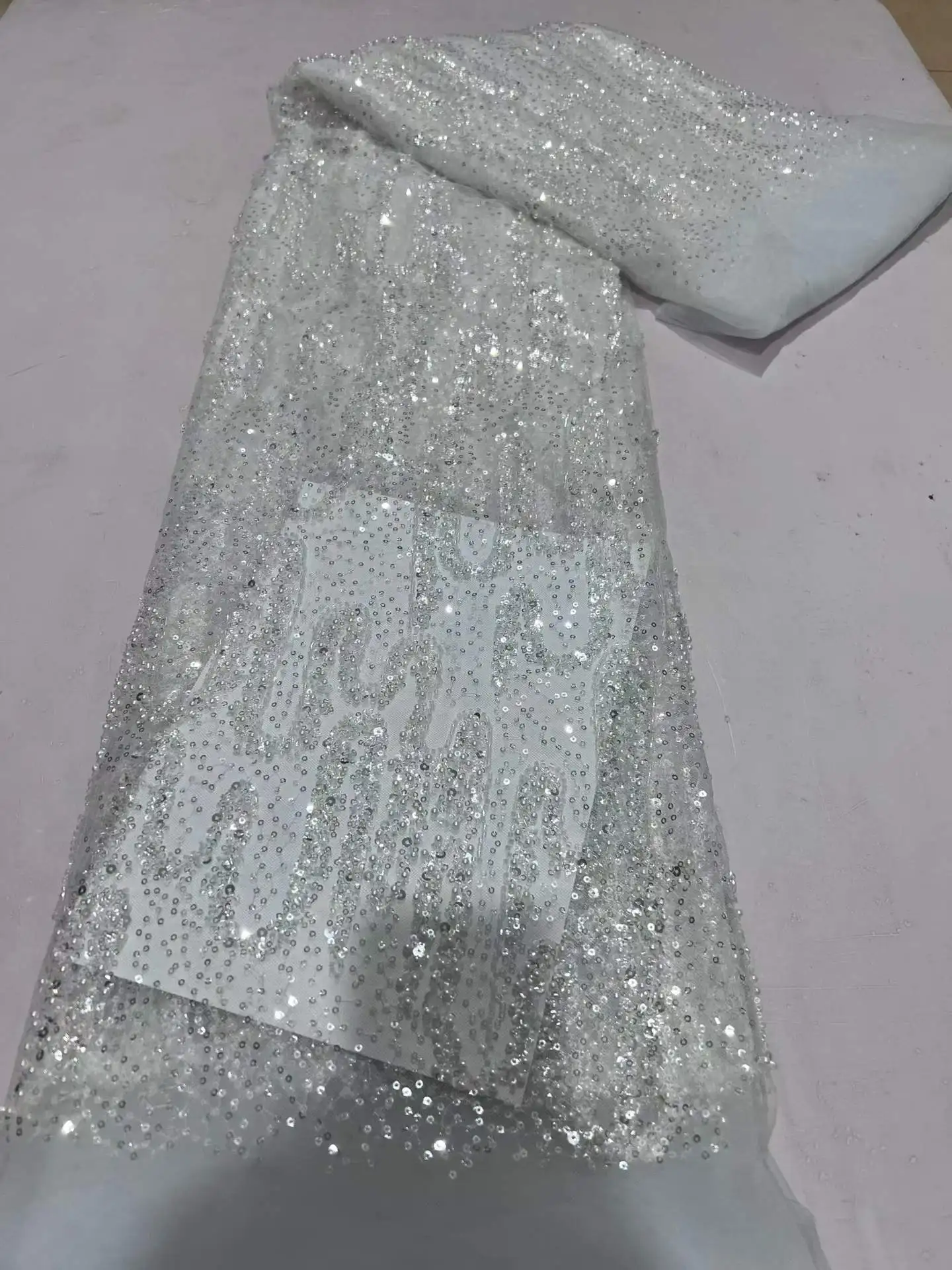 African Lace Fabric 2026 Handmade Beaded Lace Fabric France Sequins Nigerian Embroidery Bridal Mesh Lace Fabric For Sewing