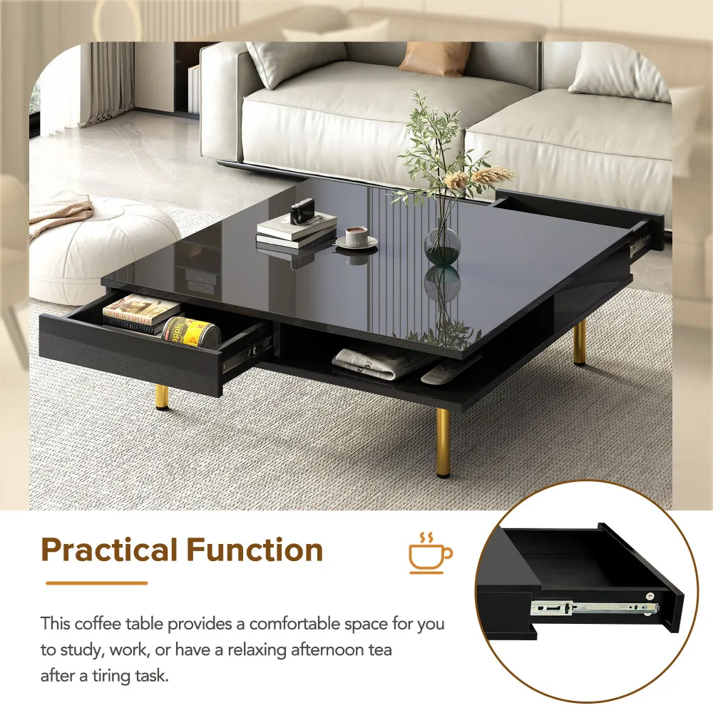 ON-TREND Exquisite High Gloss Coffee Table 4 Golden Legs and 2 Small Drawers 2-Tier Square Center Table for Living Room Black