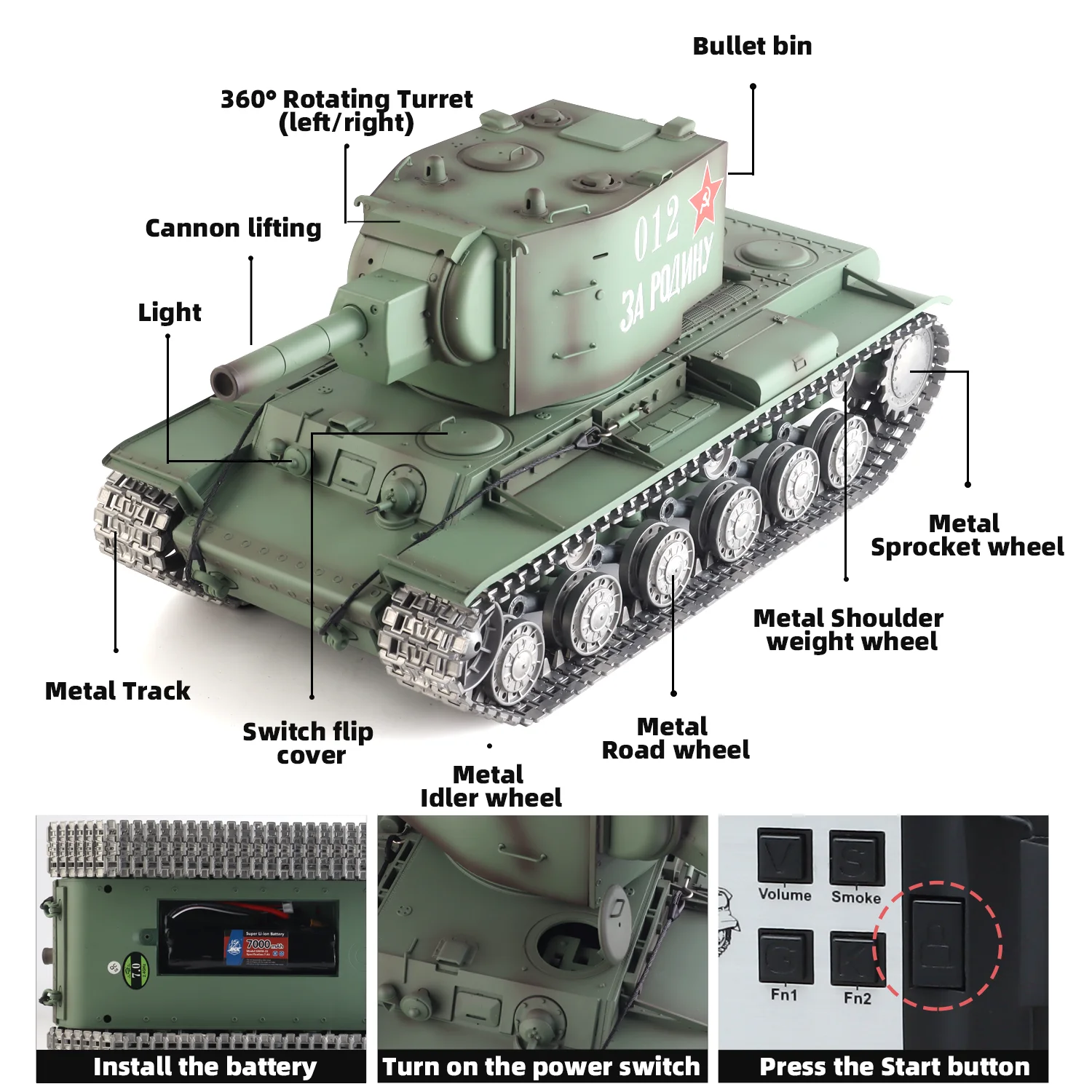 خزانات هينج طويلة RC 1/16 السوفياتي KV-2 دبابة ثقيلة موديل 3949 (TK7.0 وعجلة معدنية وعجلة ضرس ومسار و360 ° تدوير البرج)
