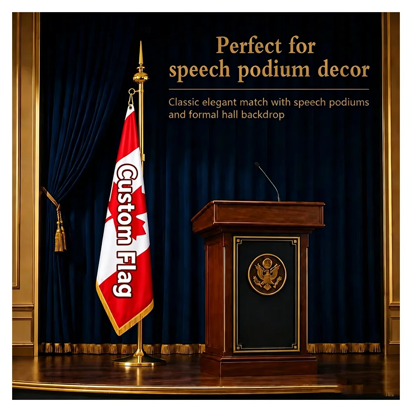 Custom Satin National Flag With Floor Standing Flag Pole, Luxury Ceremonial Country Flag, Gold Fringe Indoor Display