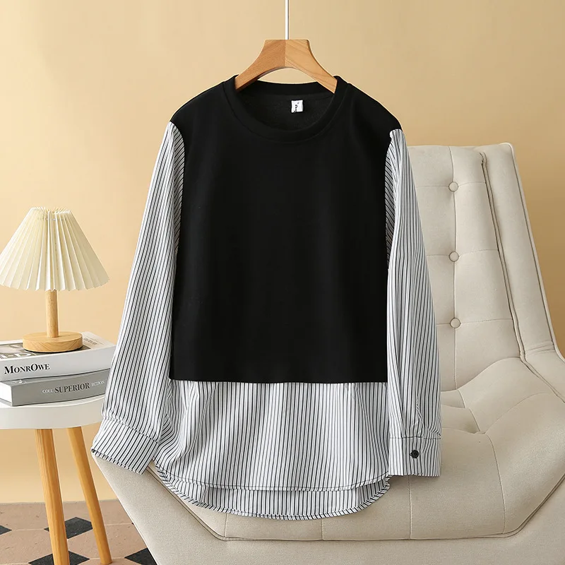 XL XXL Women's Sweatshirt Autumn Loose Matching Color Pullover Striped Splicing Fake Two Pieces Hoodies 3047