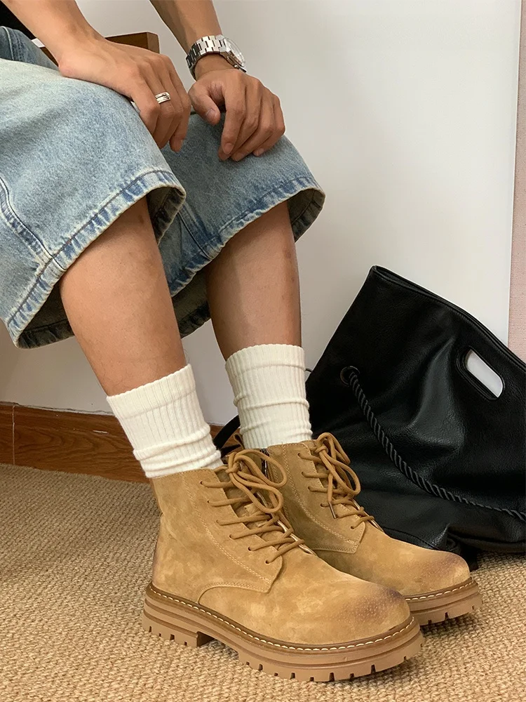 

Desert Yellow Mid-Calf Motorcycle Boots Retro Casual Outdoor Workwear Boots Briti Sle Zipper Closure Wear-Resistan...