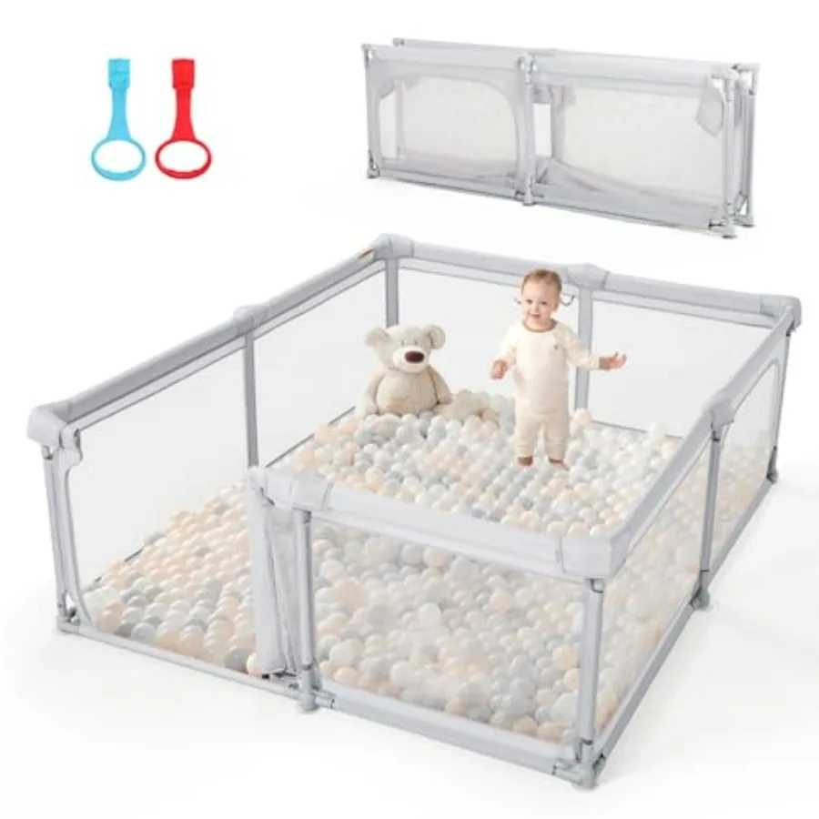 

79x59 Foldable Playpen for Babies and Toddlers with Zipper Door Large Play Pen with Gate Light Grey Play Area