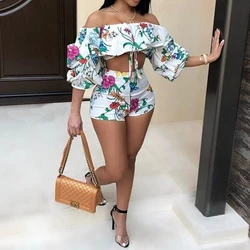 Summer Printed Fashion Short Sets Women's Off Shoulder Long Sleeved T-shirt Casual Shorts Two Piece Set