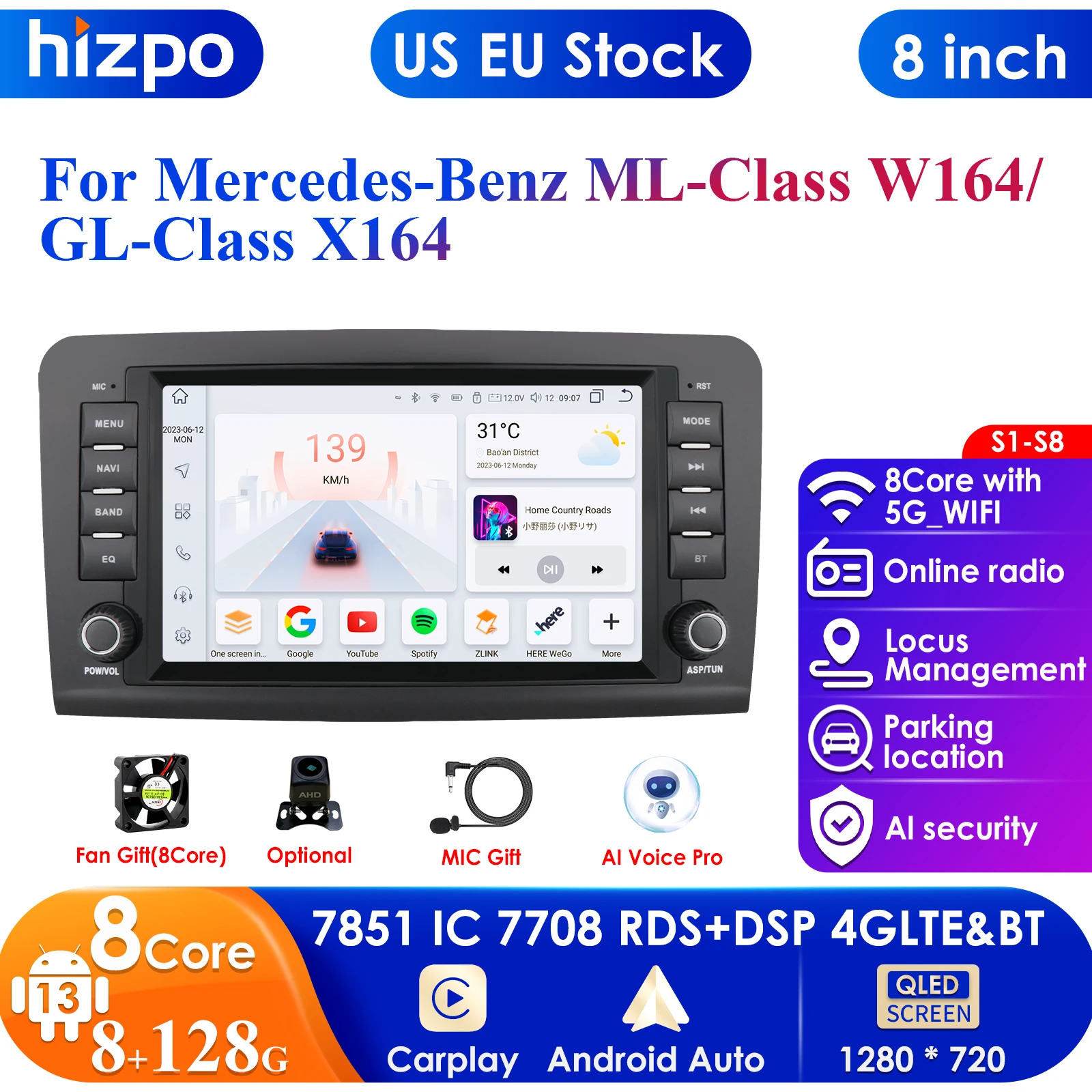 8'' DSP Carplay 4G Android13 Car Radio Multimedia Video Player for Mercedes Benz GL ML W164 ML350 ML500 X164 GL35 GL45 2005-2012