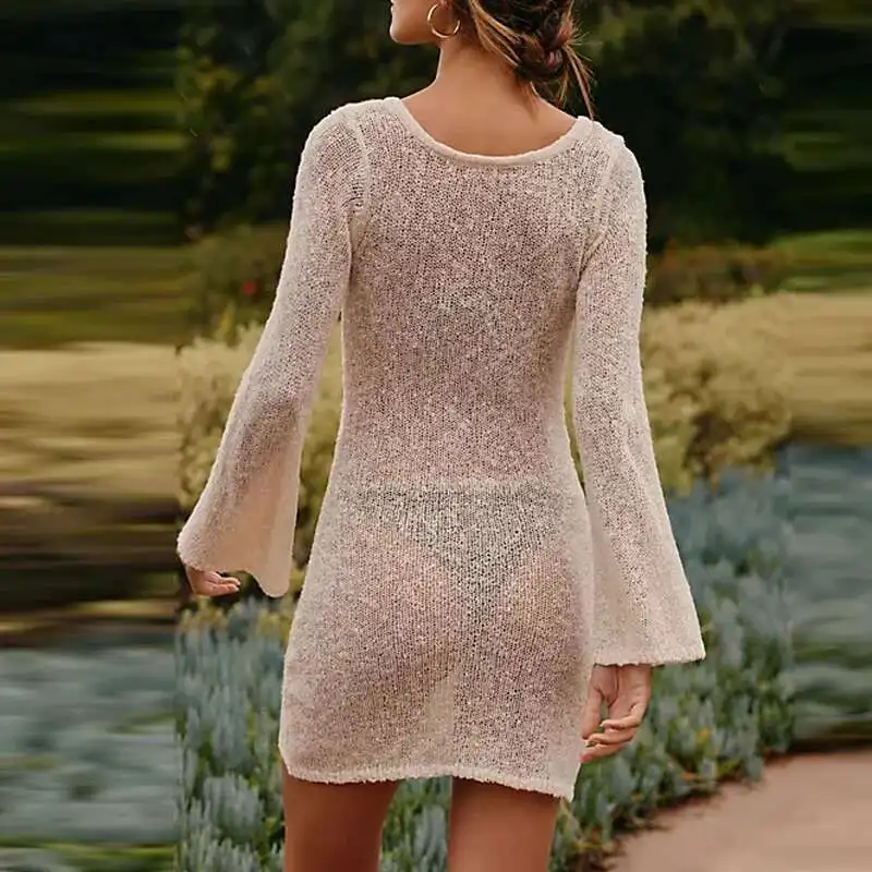 جديد الصيف الملابس النسائية الخامس الرقبة منظور محبوك فضفاض التستر بلون طويل الأكمام عطلة الشاطئ فستان قصير ملابس السباحة #2