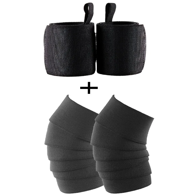 Stiff Wrist Strap&Weightlifting Knee Wrap 2.5 Meters without magic tape,one suit,Red Black Color Knee Straps for Weightlifting