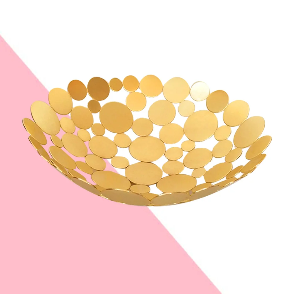 Fruit Basket Bread Iron Plate Storage Baskets Vegetable Holder Dish Golden Hollow Round