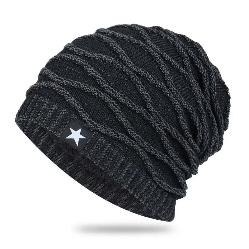 New Unisex Slouchy Winter Hats Add Fur Lined Men And Women Warm Beanie Cap Casual Five-pointed Star Decor Winter Knitted Hats