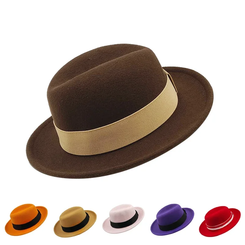 2023 na co dzień moda klasyczna jesień z krótkim rondem filcowy kapelusz Fedora mężczyzn jednolity kolor Panama Top w stylu Vintage kapelusz zimowy