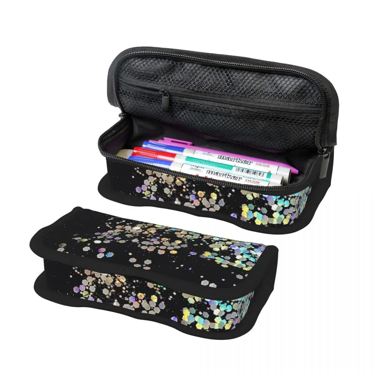 Black And Holographic Sparkle Pencil Case Pen Holder Storage Stationery Supplies Pen Box Pencil Bag for Students Gifts
