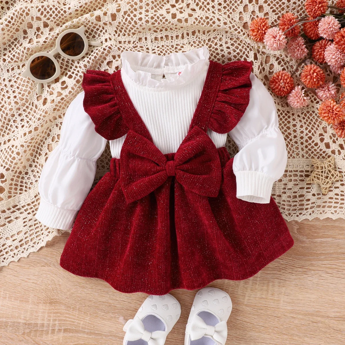 PatPat 2PCS Baby Girl  Sweet Solid Color Ruffle Edge Long Sleeve Dress Set Perfect for Outings and Daily Wear Basic Style